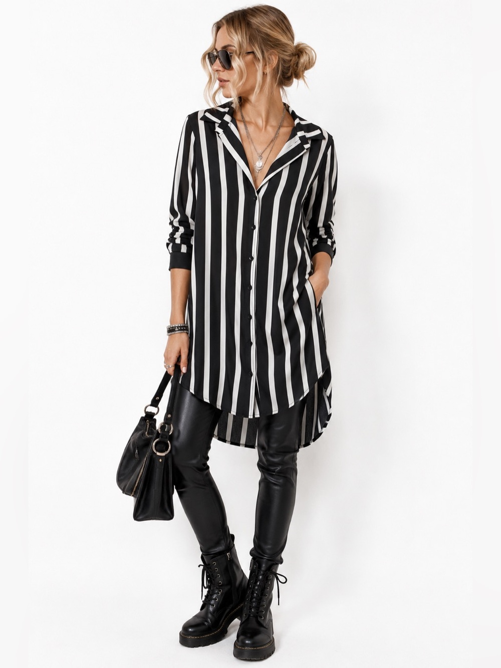 Killstar Striped Button Front Collared Shirt Dress Black White 4XL